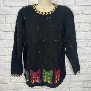 Vintage 90s Christmas Sweater Womens L Black Beaded Presents Gifts Ugly Grandma